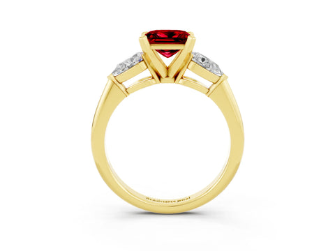 Yellow gold Three-Stone Princess Cut Ruby Ring with Pear Side Stones and Four-Prong Setting_3