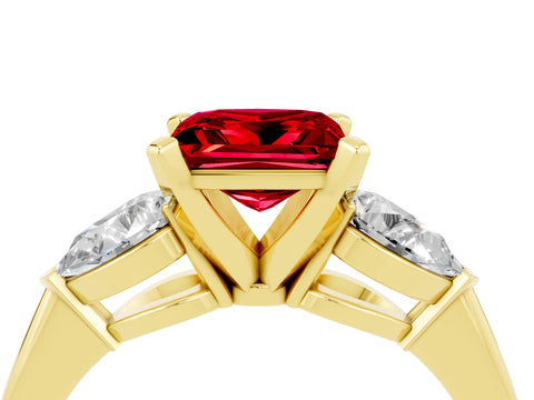 Yellow gold Three-Stone Princess Cut Ruby Ring with Pear Side Stones and Four-Prong Setting_4