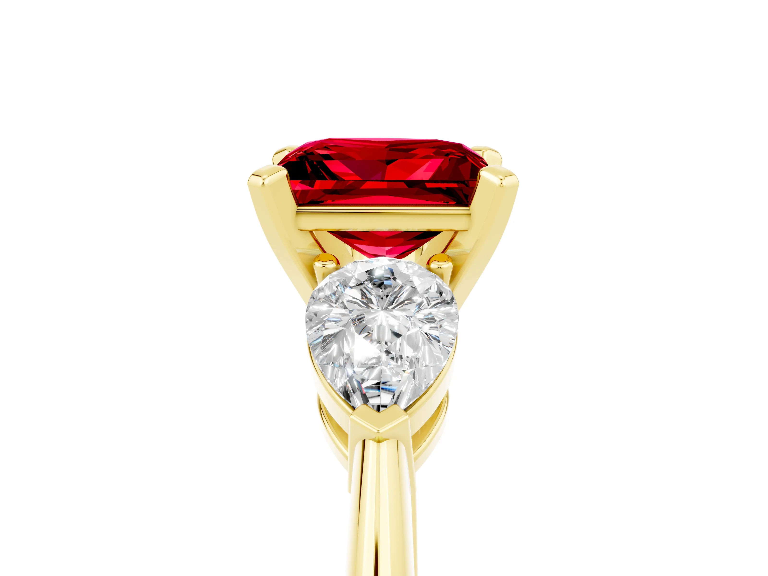 Yellow gold Three-Stone Princess Cut Ruby Ring with Pear Side Stones and Four-Prong Setting_5