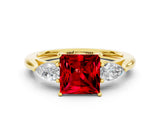 Yellow gold Three-Stone Princess Cut Ruby Ring with Pear  Side Stones in Four-Prong Setting_12
