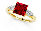 Yellow gold Three-Stone Princess Cut Ruby Ring with Pear  Side Stones in Four-Prong Setting_13