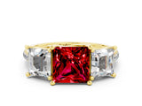 Yellow gold Three-Stone Princess Cut Ruby Ring with Round  Pavé Band and Prong Setting_12