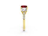 Yellow gold Three-Stone Princess Cut Ruby Ring with Round  Pavé Band and Prong Setting_14