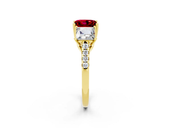 Yellow gold Three-Stone Princess Cut Ruby Ring with Round  Pavé Band and Prong Setting