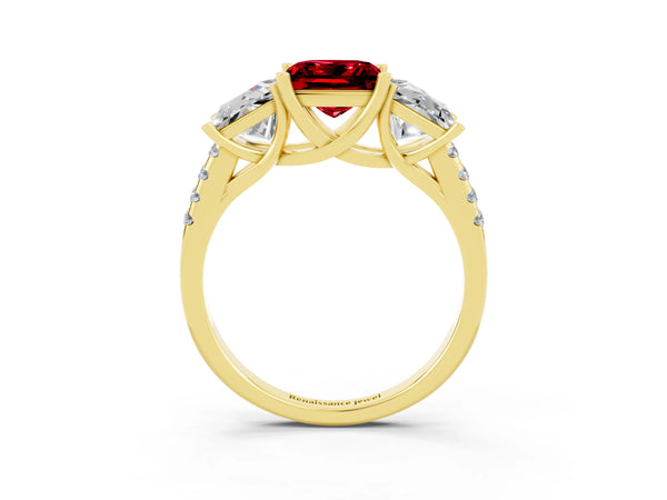 Yellow gold Three-Stone Princess Cut Ruby Ring with Round  Pavé Band and Prong Setting