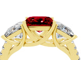 Yellow gold Three-Stone Princess Cut Ruby Ring with Round  Pavé Band and Prong Setting_16