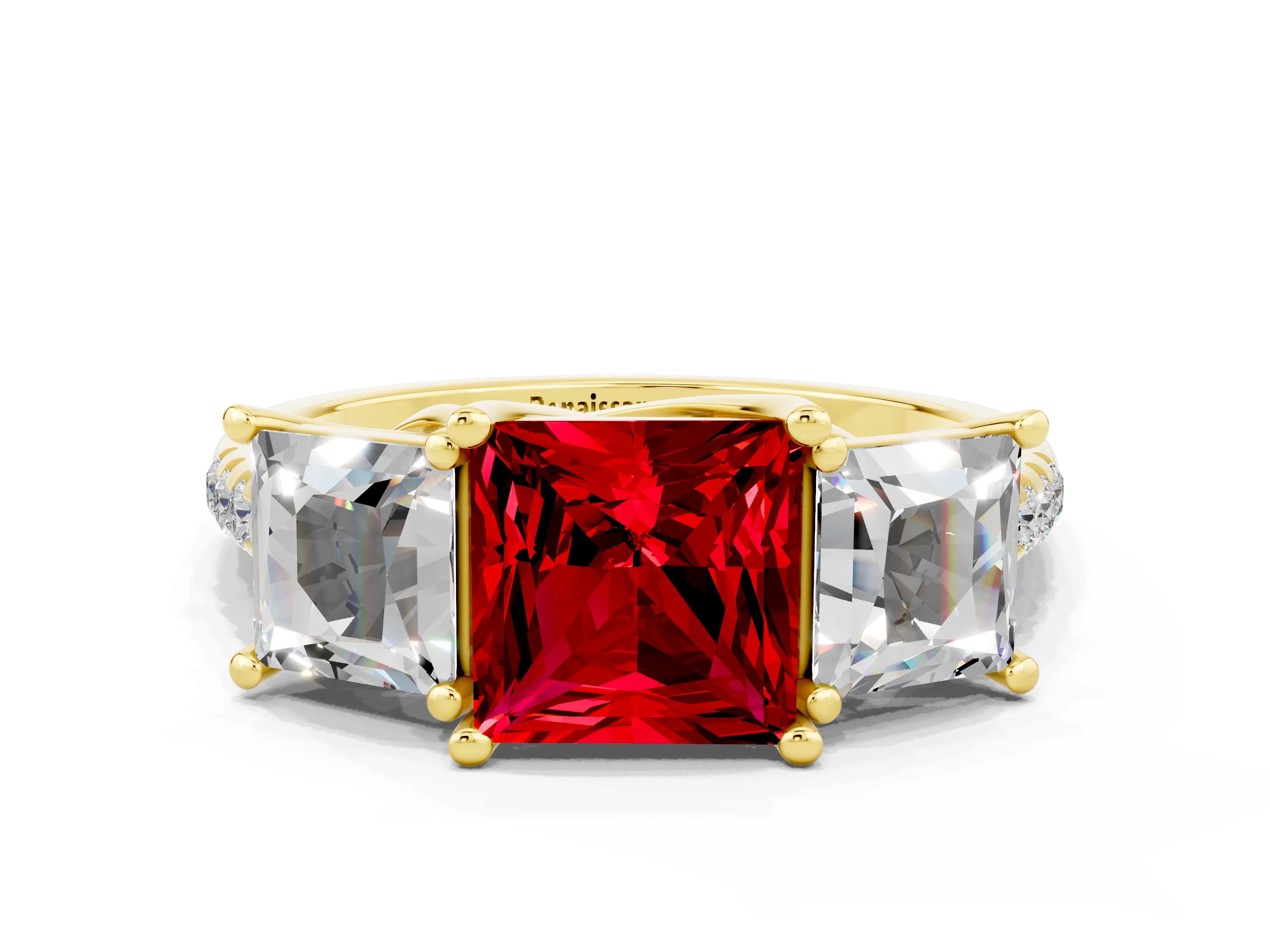 Yellow gold Three-Stone Princess Cut Ruby Ring with Round  Pavé Band and Prong Setting_54