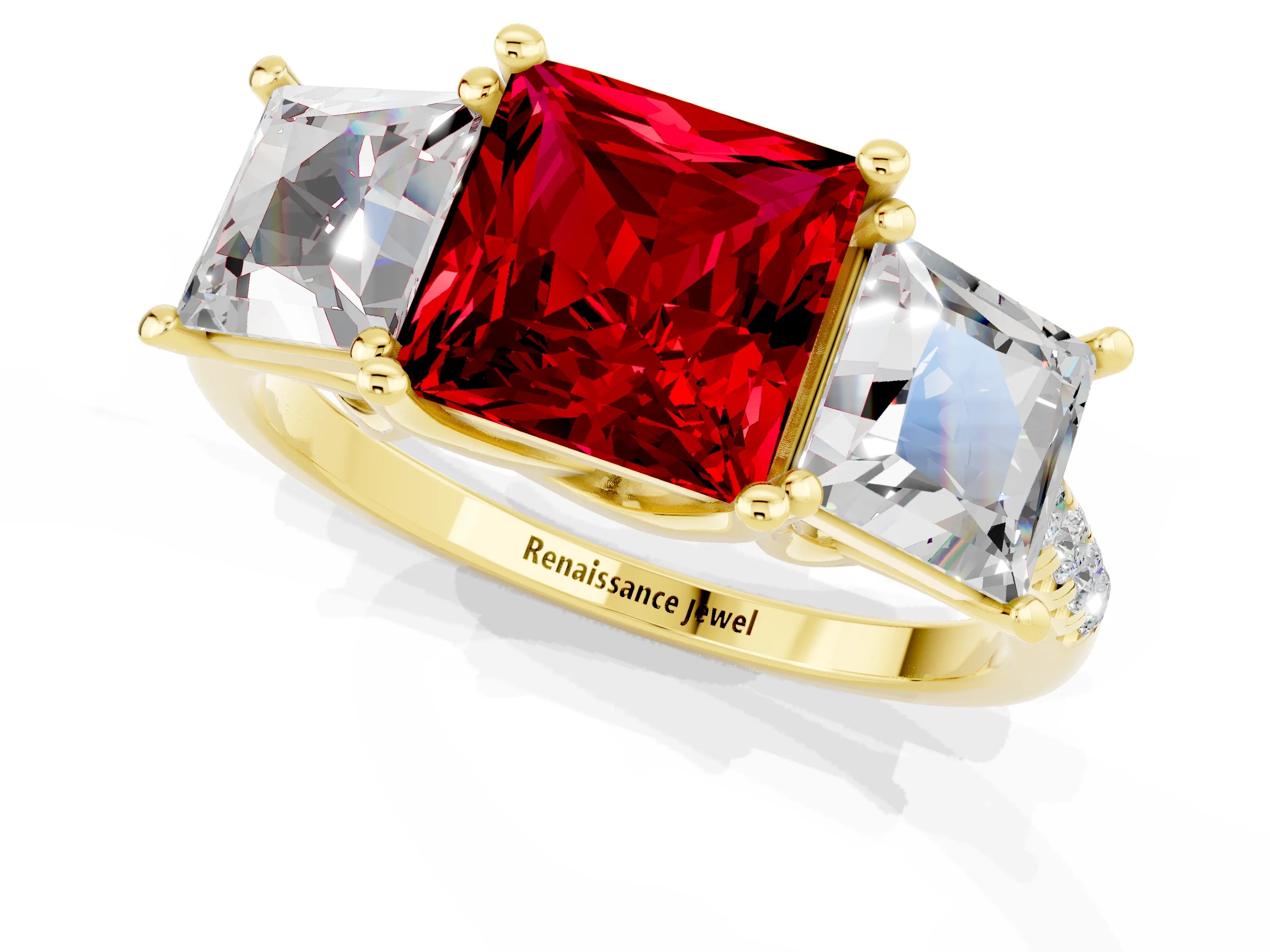 Yellow gold Three-Stone Princess Cut Ruby Ring with Round  Pavé Band and Prong Setting_55
