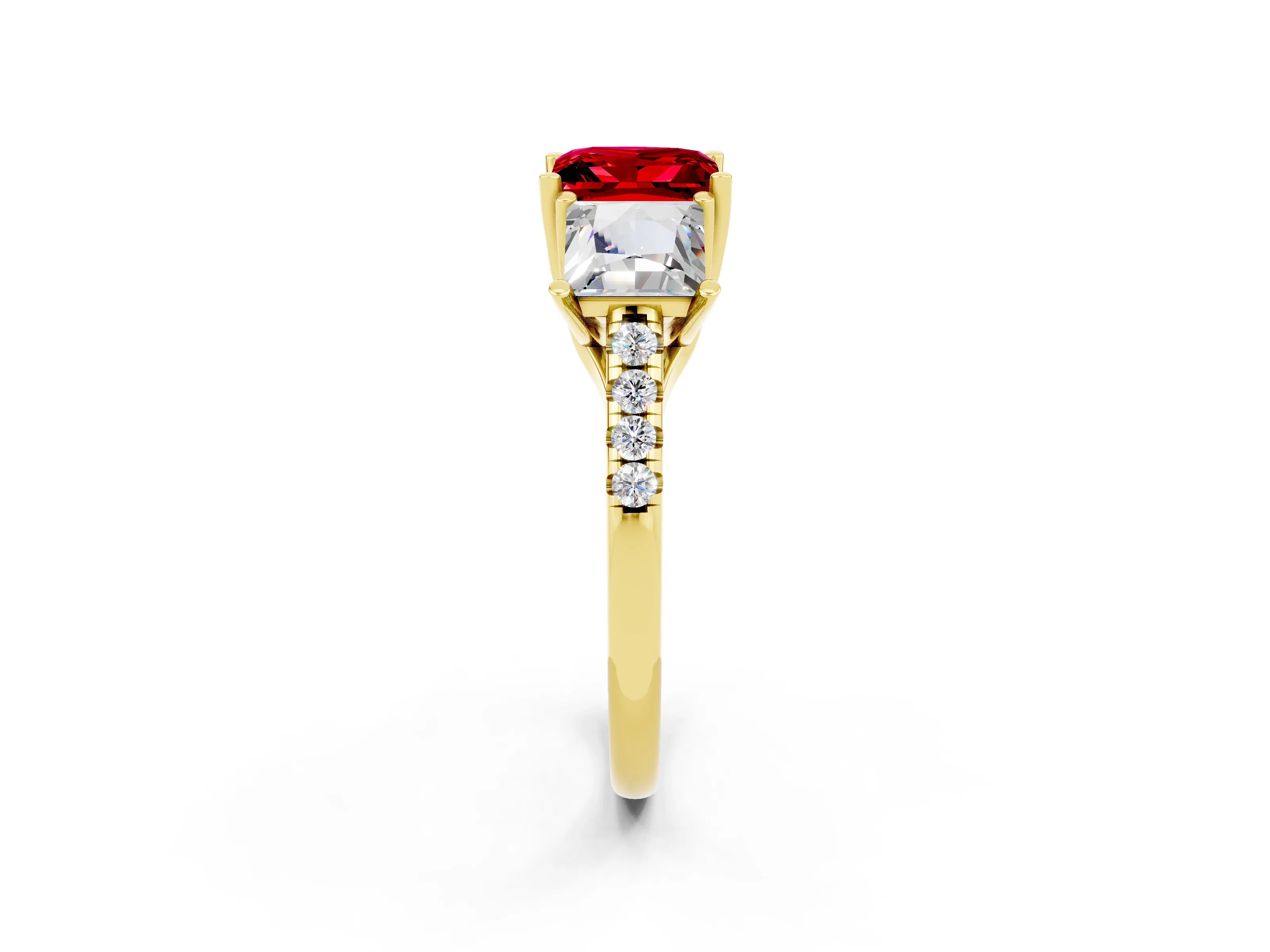 Yellow gold Three-Stone Princess Cut Ruby Ring with Round  Pavé Band and Prong Setting_56