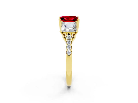 Yellow gold Three-Stone Princess Cut Ruby Ring with Round  Pavé Band and Prong Setting_56