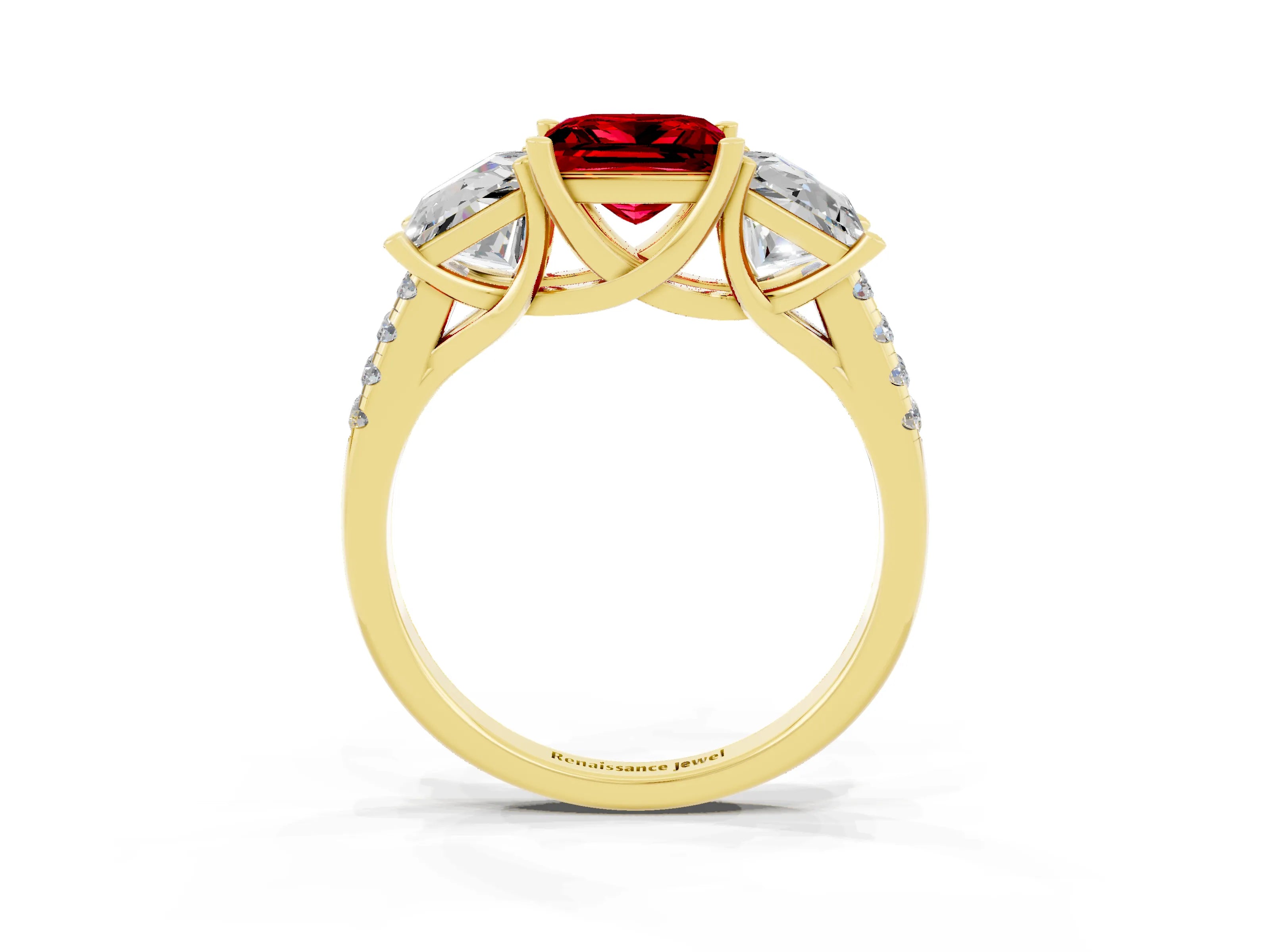 Yellow gold Three-Stone Princess Cut Ruby Ring with Round  Pavé Band and Prong Setting_57