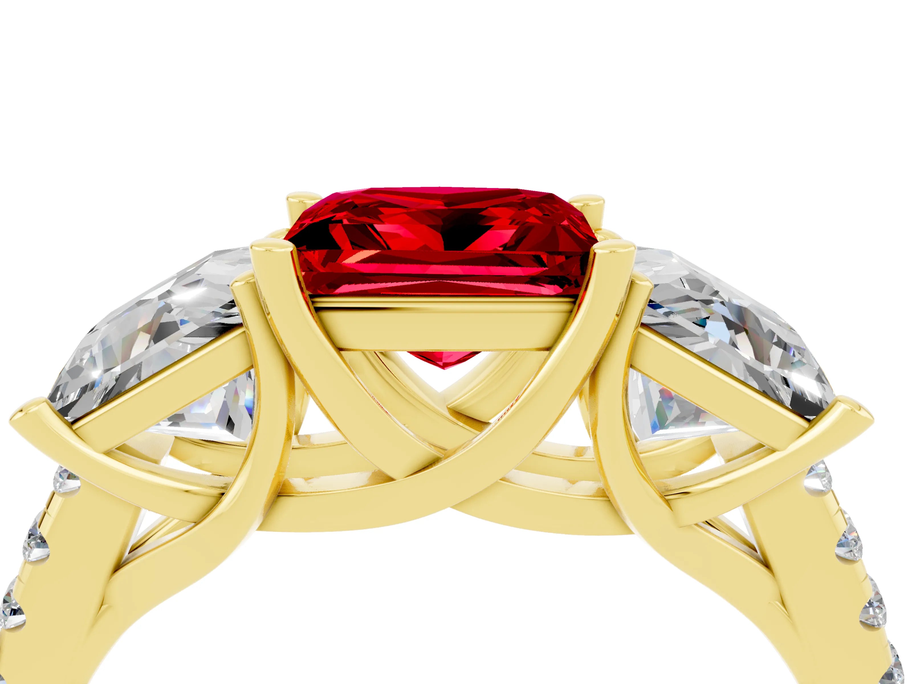 Yellow gold Three-Stone Princess Cut Ruby Ring with Round  Pavé Band and Prong Setting_58