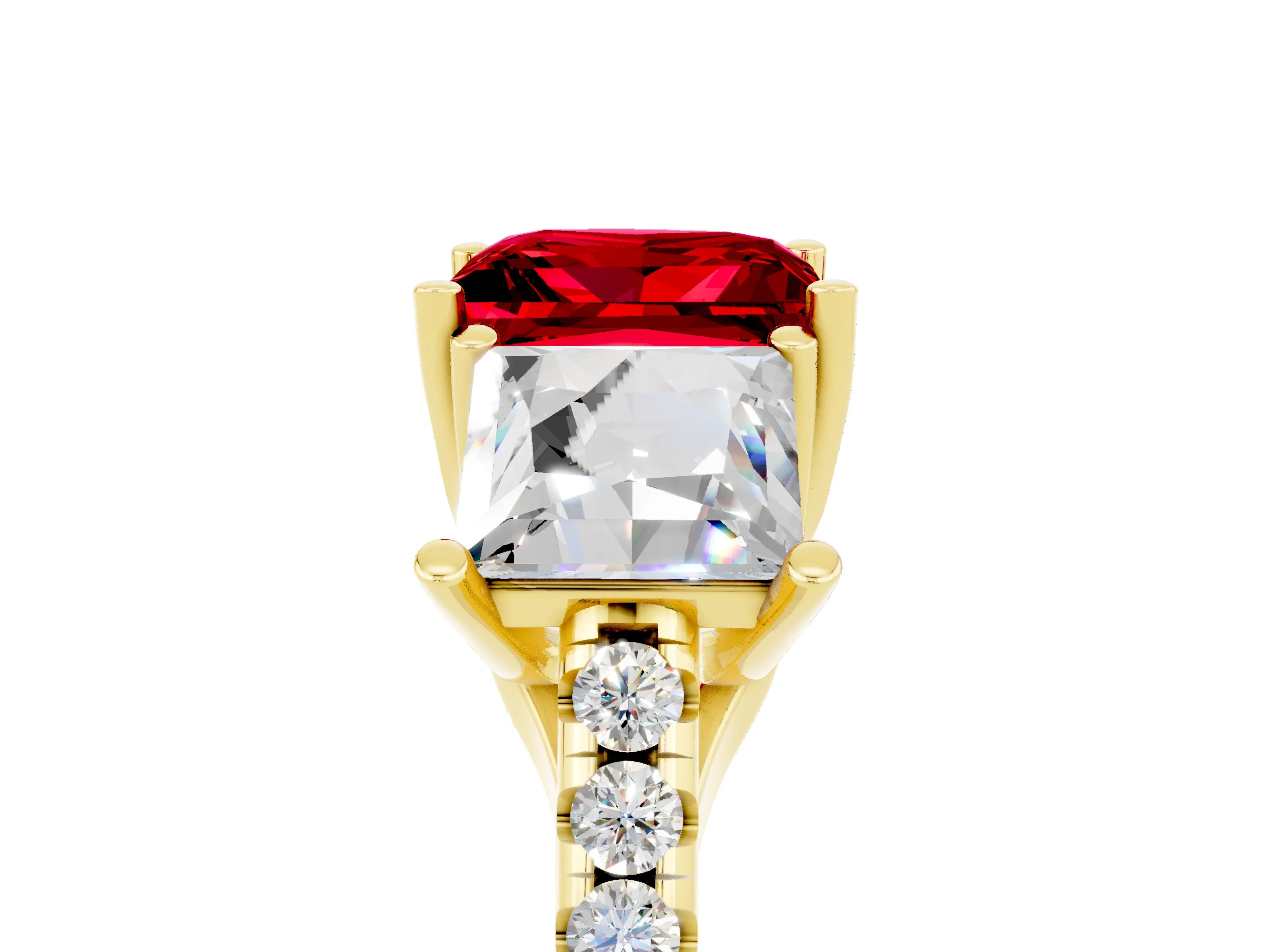 Yellow gold Three-Stone Princess Cut Ruby Ring with Round  Pavé Band and Prong Setting_59