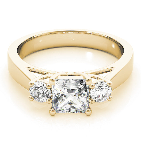 Yellow gold Three-Stone Princess Cut Solitaire Ring with Round Side Stones and Four-Prong Setting 1