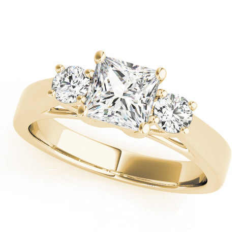 Yellow gold Three-Stone Princess Cut Solitaire Ring with Round Side Stones and Four-Prong Setting