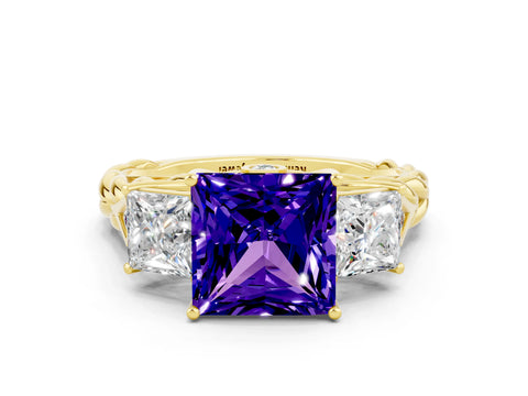 Yellow gold Three-Stone Princess Cut Tanzanite Braided Band Ring with Four-Prong Setting_12