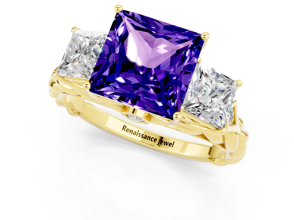 Yellow gold Three-Stone Princess Cut Tanzanite Braided Band Ring with Four-Prong Setting