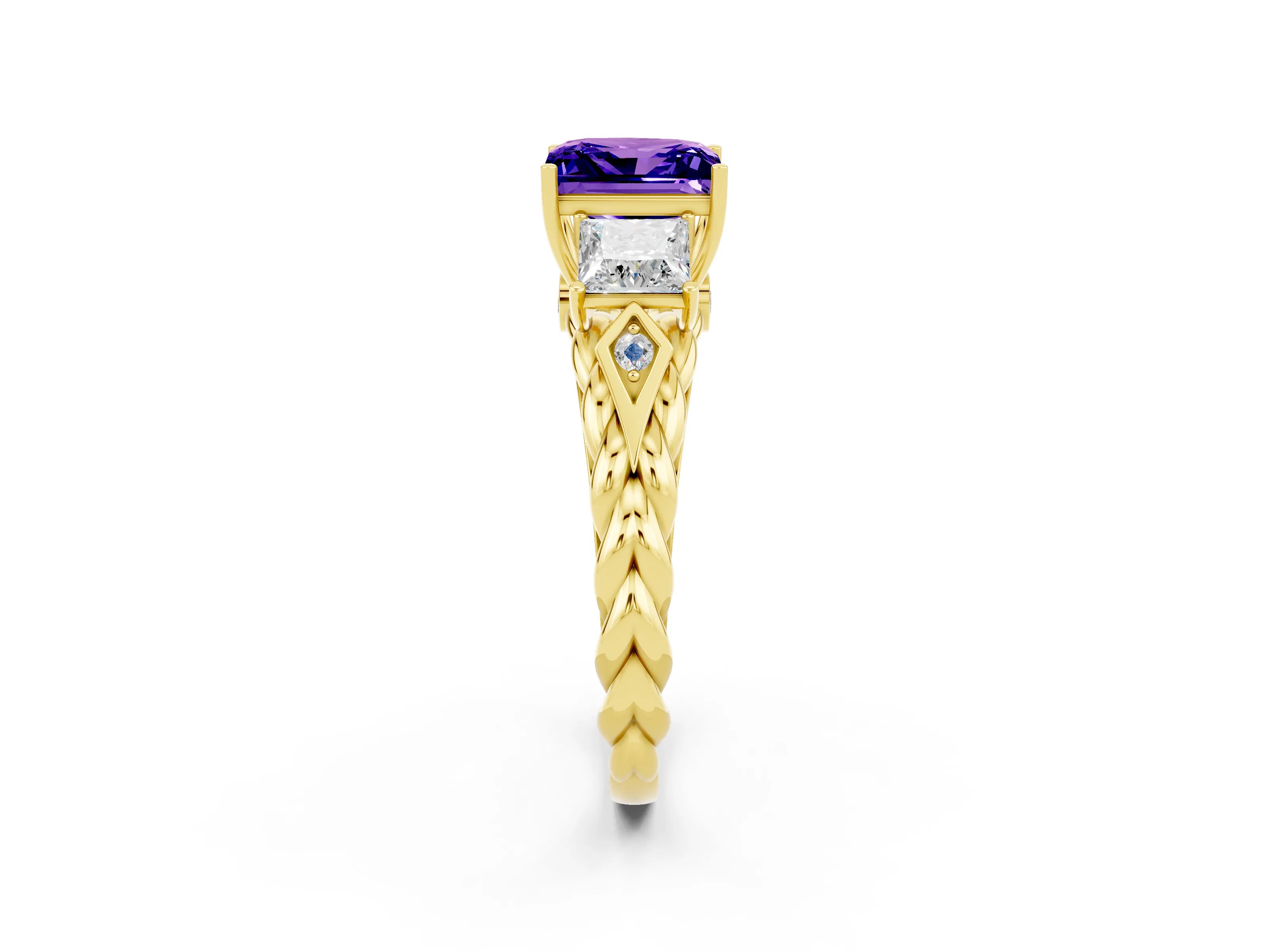 Yellow gold Three-Stone Princess Cut Tanzanite Braided Band Ring with Four-Prong Setting_14