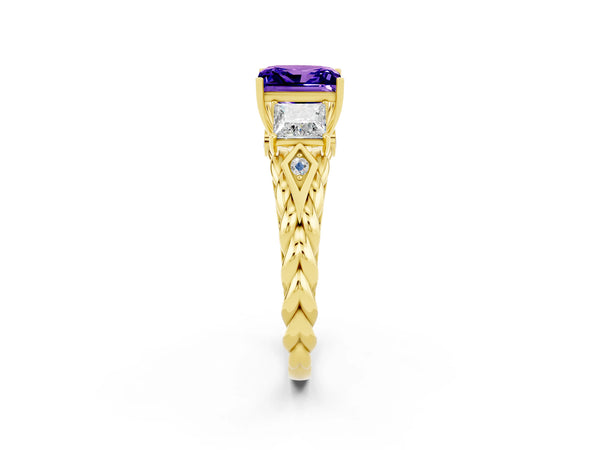 Yellow gold Three-Stone Princess Cut Tanzanite Braided Band Ring with Four-Prong Setting