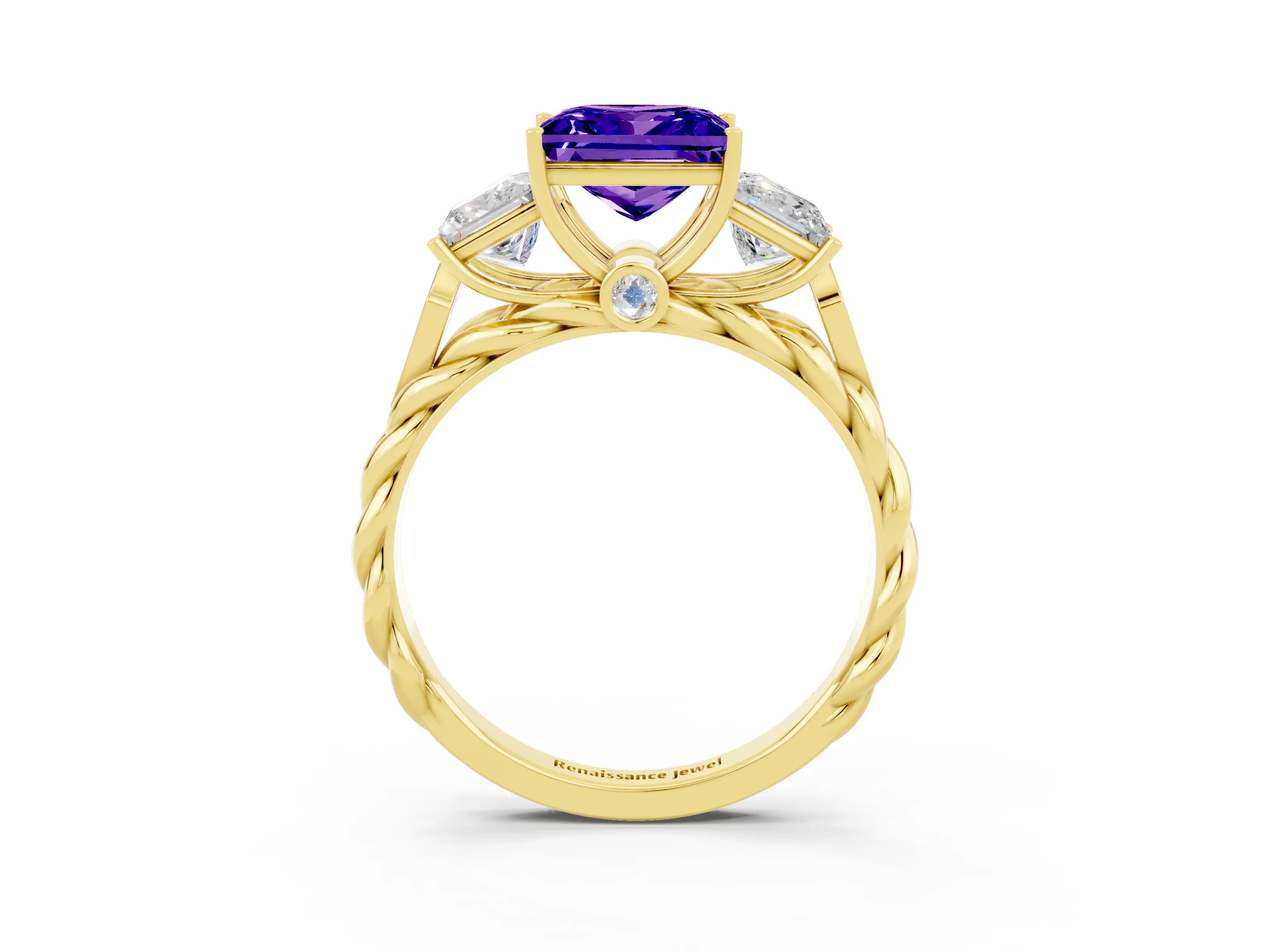 Yellow gold Three-Stone Princess Cut Tanzanite Braided Band Ring with Four-Prong Setting_15