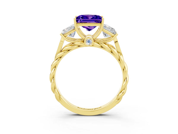Yellow gold Three-Stone Princess Cut Tanzanite Braided Band Ring with Four-Prong Setting
