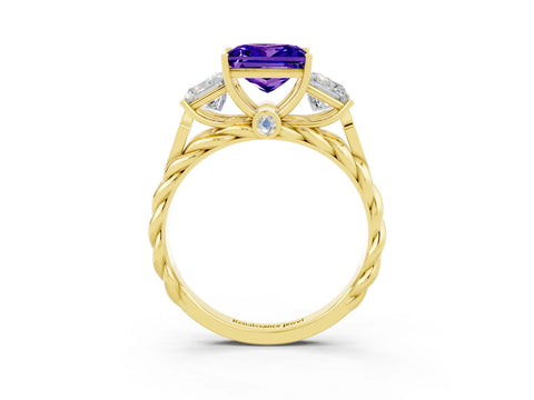 Yellow gold Three-Stone Princess Cut Tanzanite Braided Band Ring with Four-Prong Setting_15