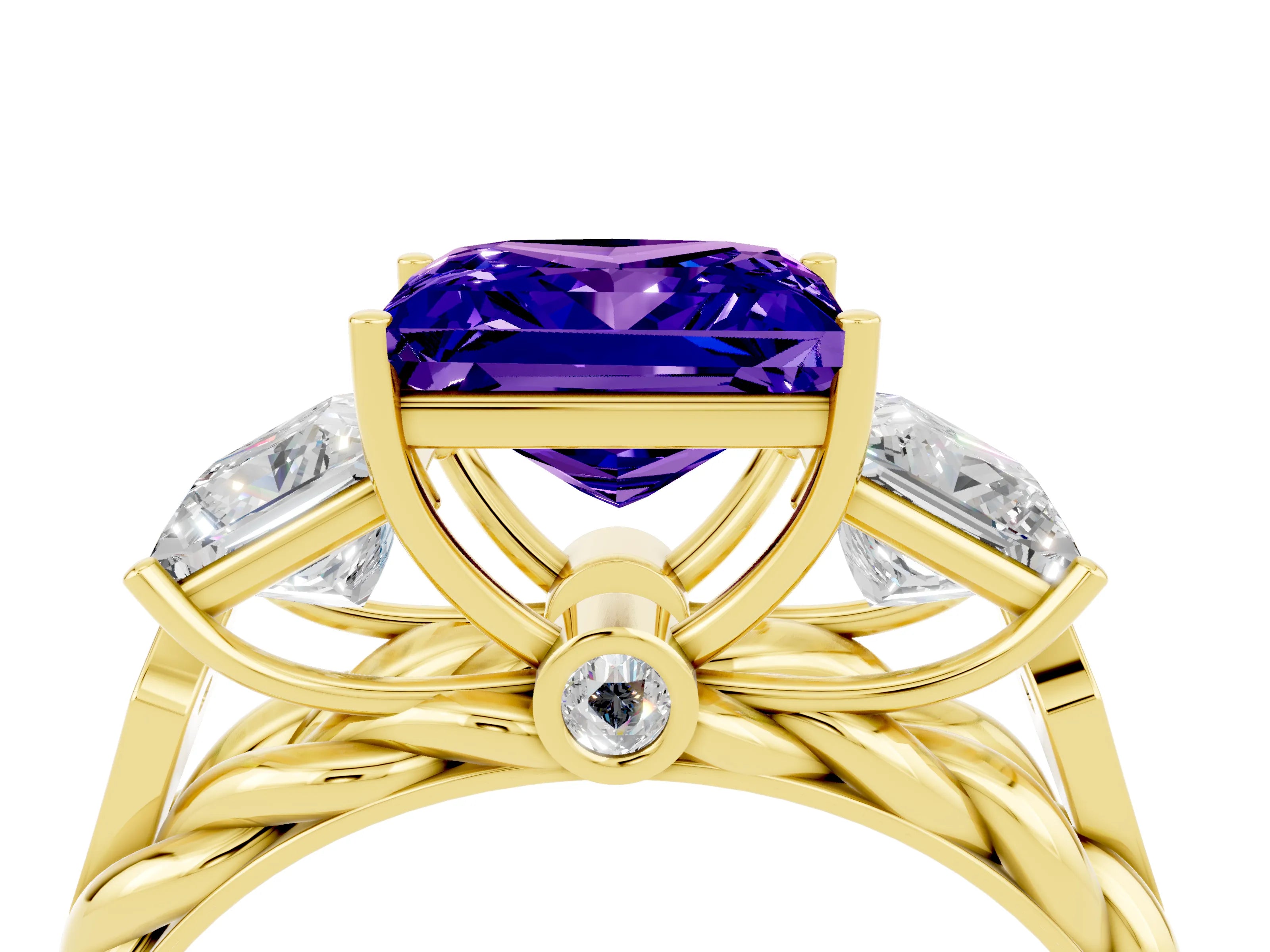 Yellow gold Three-Stone Princess Cut Tanzanite Braided Band Ring with Four-Prong Setting_16