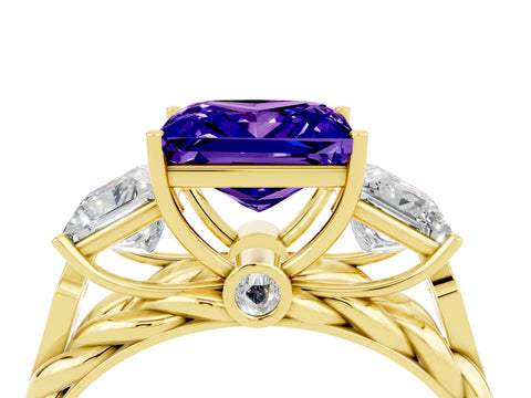 Yellow gold Three-Stone Princess Cut Tanzanite Braided Band Ring with Four-Prong Setting_16