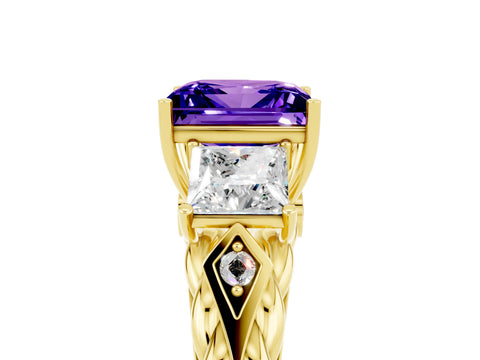 Yellow gold Three-Stone Princess Cut Tanzanite Braided Band Ring with Four-Prong Setting_17