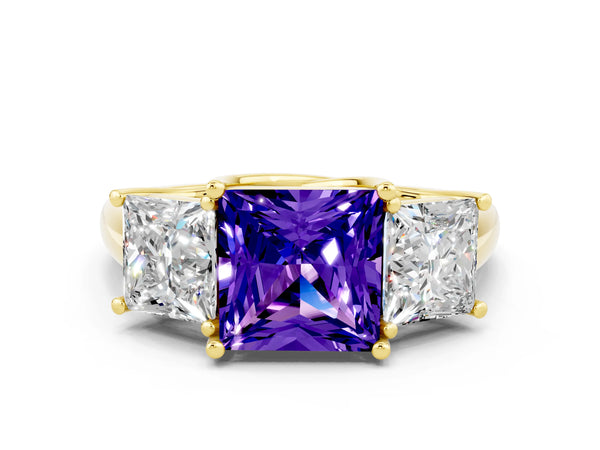 Yellow gold Three-Stone Princess Cut Tanzanite Engagement Ring with Prong Setting