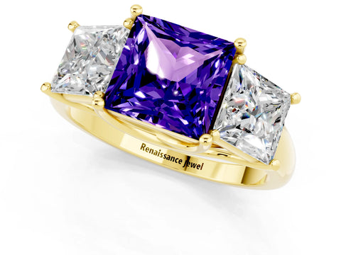 Yellow gold Three-Stone Princess Cut Tanzanite Engagement Ring with Prong Setting_1