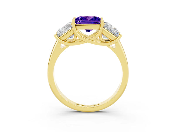 Yellow gold Three-Stone Princess Cut Tanzanite Engagement Ring with Prong Setting
