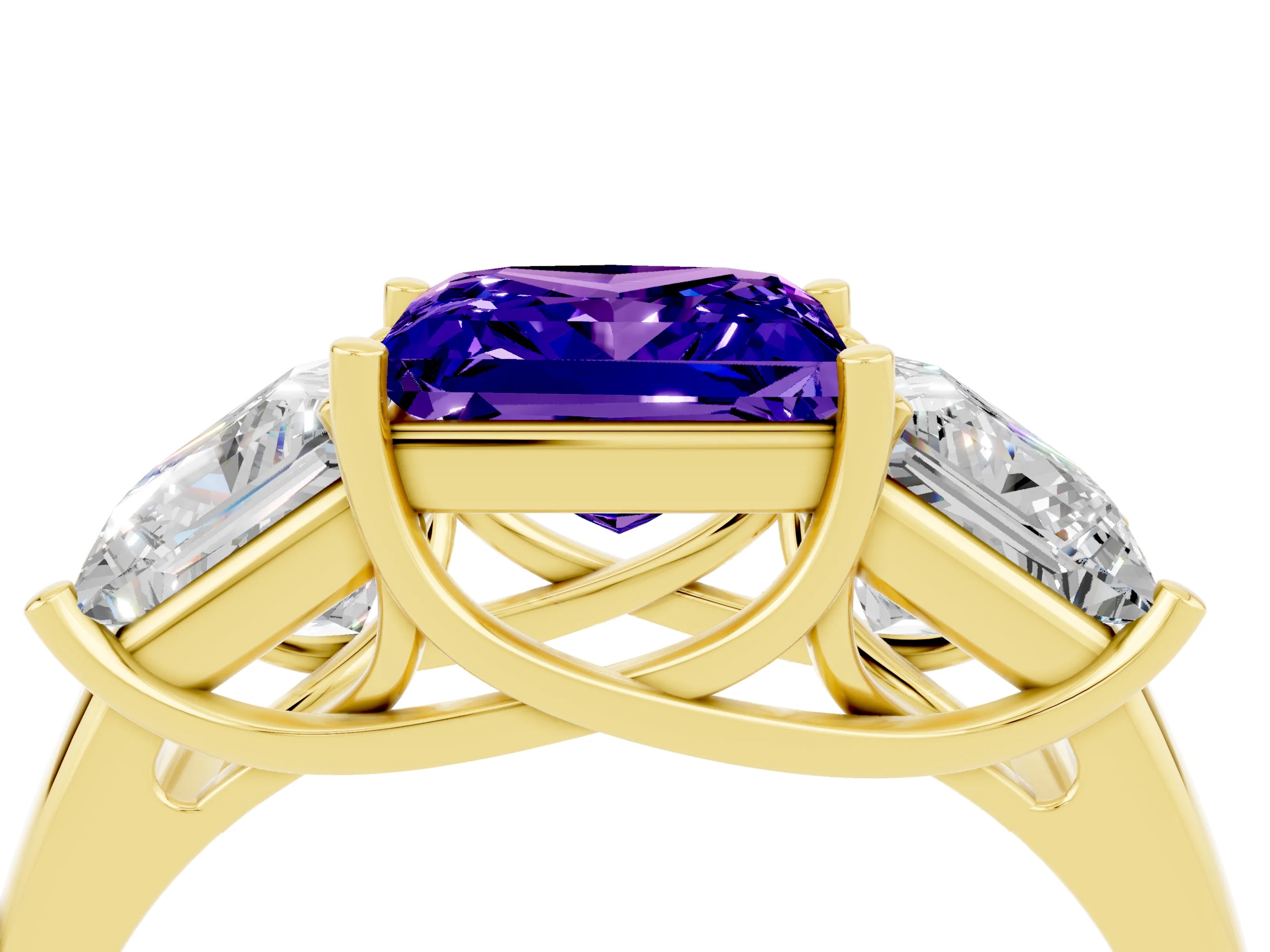 Yellow gold Three-Stone Princess Cut Tanzanite Engagement Ring with Prong Setting_4