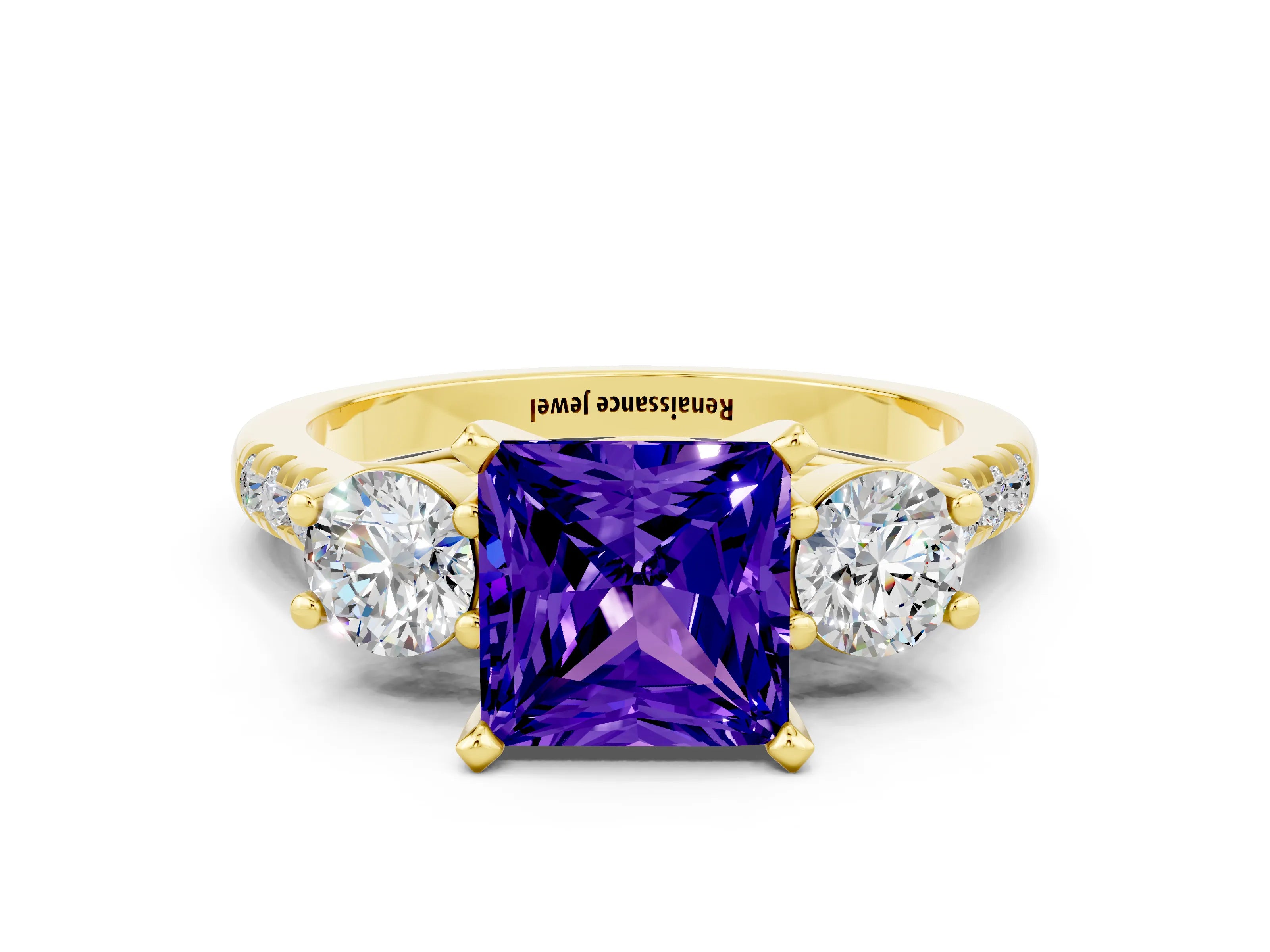 Yellow gold Three-Stone Princess Cut Tanzanite Pavé Band with Four-Prong Setting