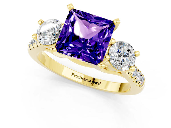 Yellow gold Three-Stone Princess Cut Tanzanite Pavé Band with Four-Prong Setting