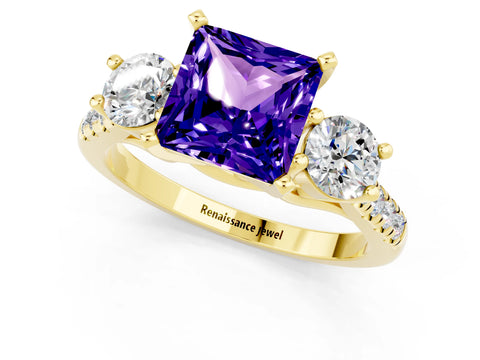Yellow gold Three-Stone Princess Cut Tanzanite Pavé Band with Four-Prong Setting_1