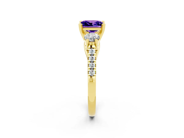 Yellow gold Three-Stone Princess Cut Tanzanite Pavé Band with Four-Prong Setting