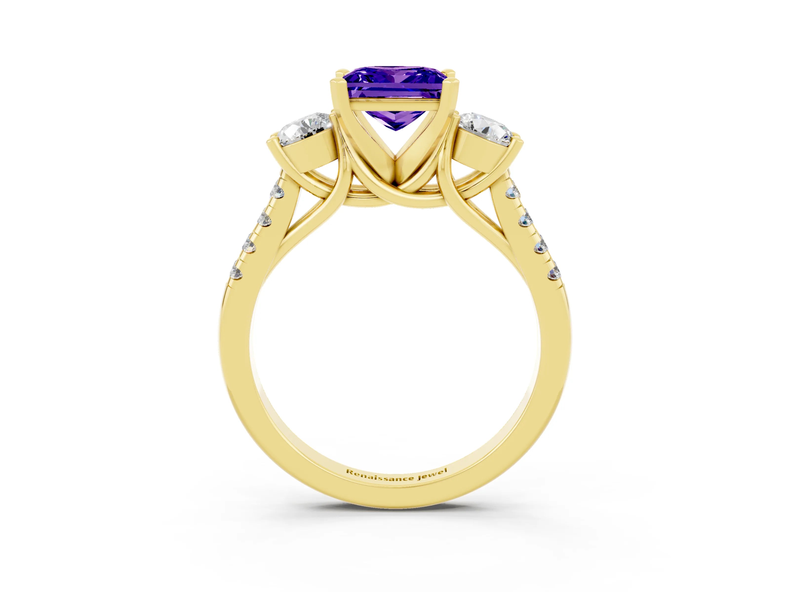 Yellow gold Three-Stone Princess Cut Tanzanite Pavé Band with Four-Prong Setting_3