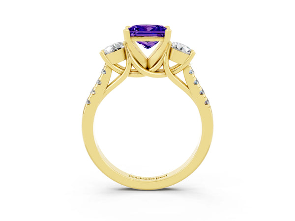 Yellow gold Three-Stone Princess Cut Tanzanite Pavé Band with Four-Prong Setting