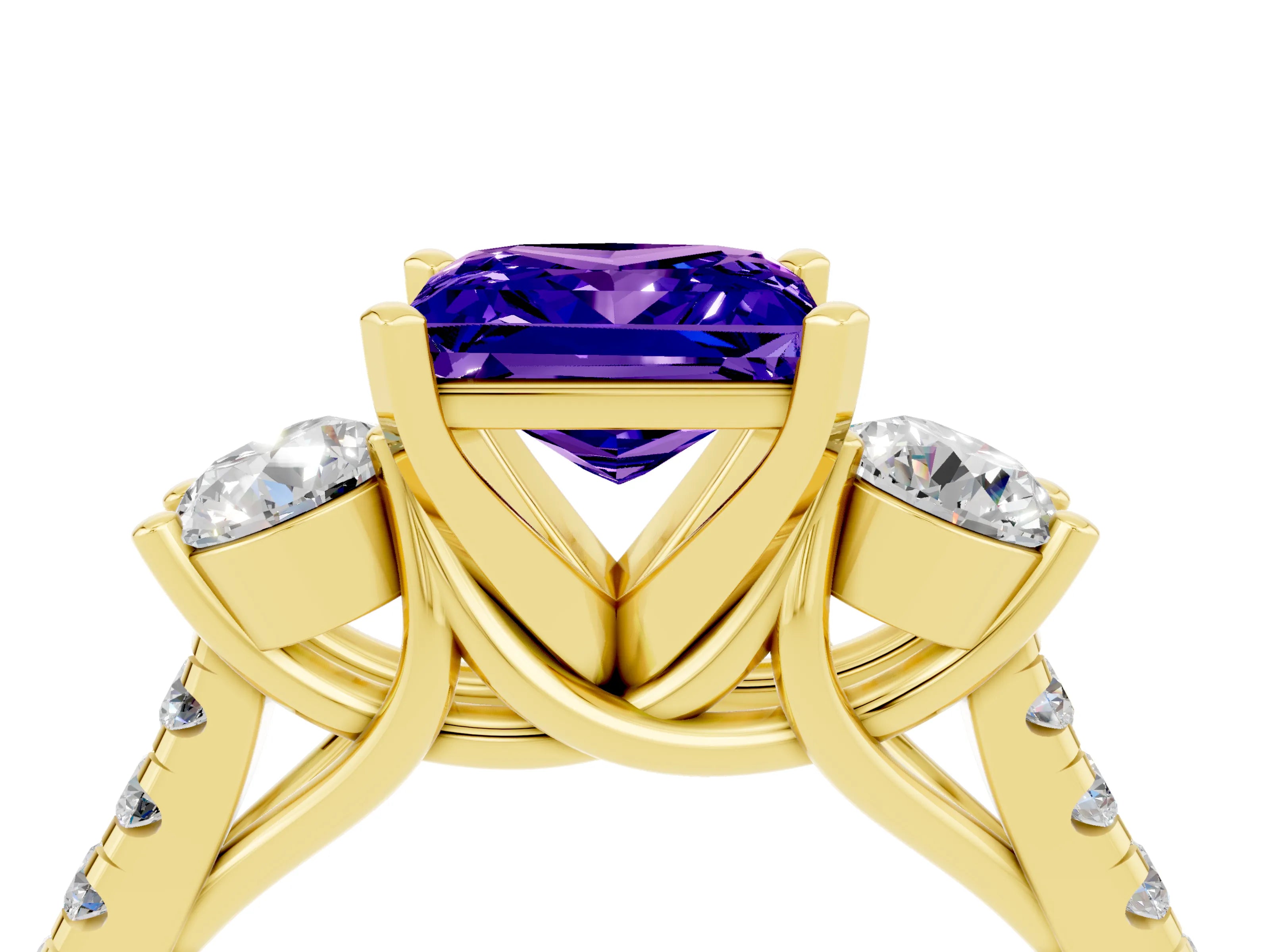 Yellow gold Three-Stone Princess Cut Tanzanite Pavé Band with Four-Prong Setting_4