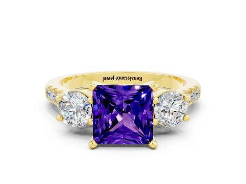 Yellow gold Three-Stone Princess Cut Tanzanite Pavé Band with Four-Prong Setting