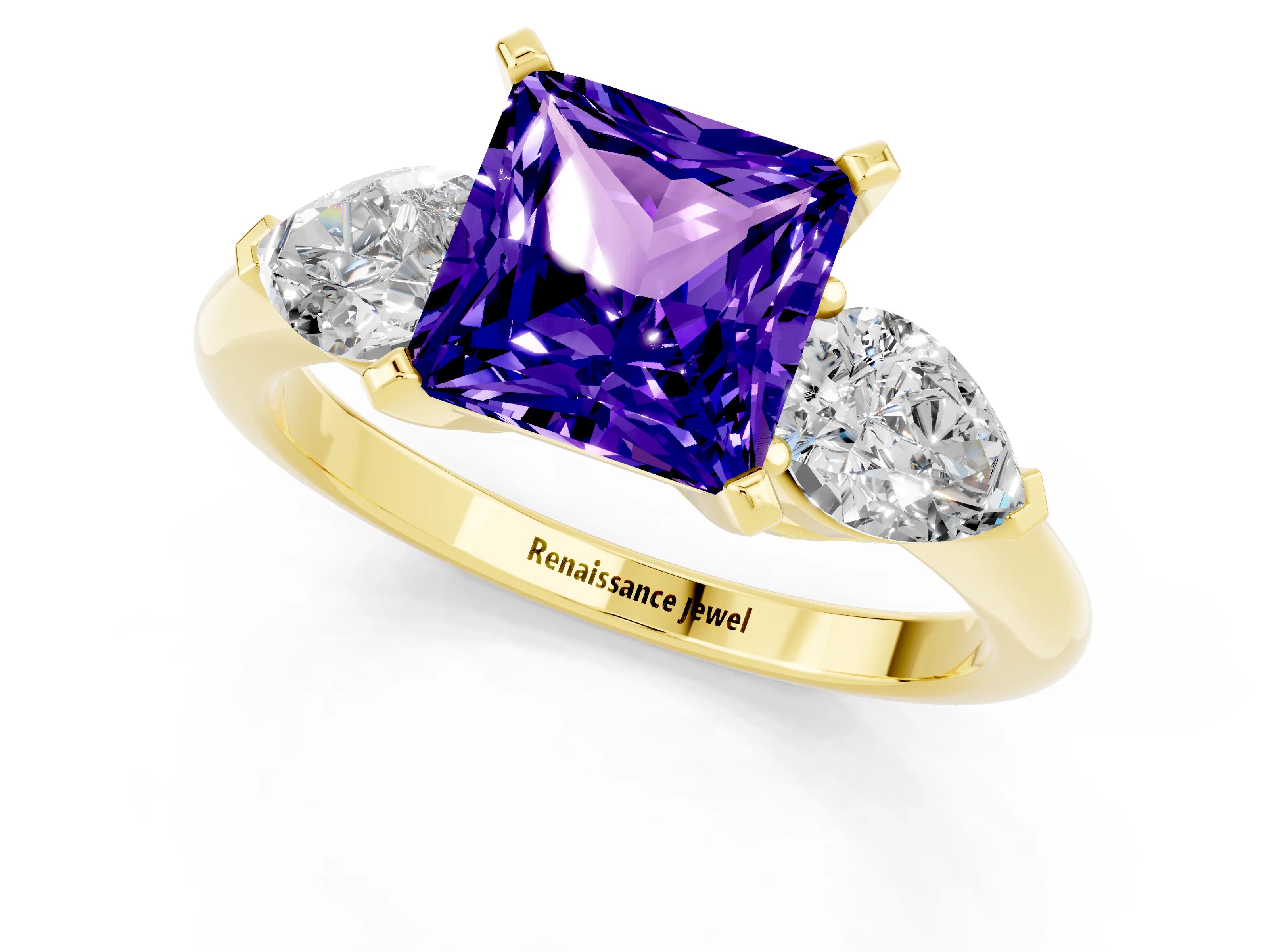 Yellow gold Three-Stone Princess Cut Tanzanite Ring with Pear Side Stones and Four-Prong Setting_1