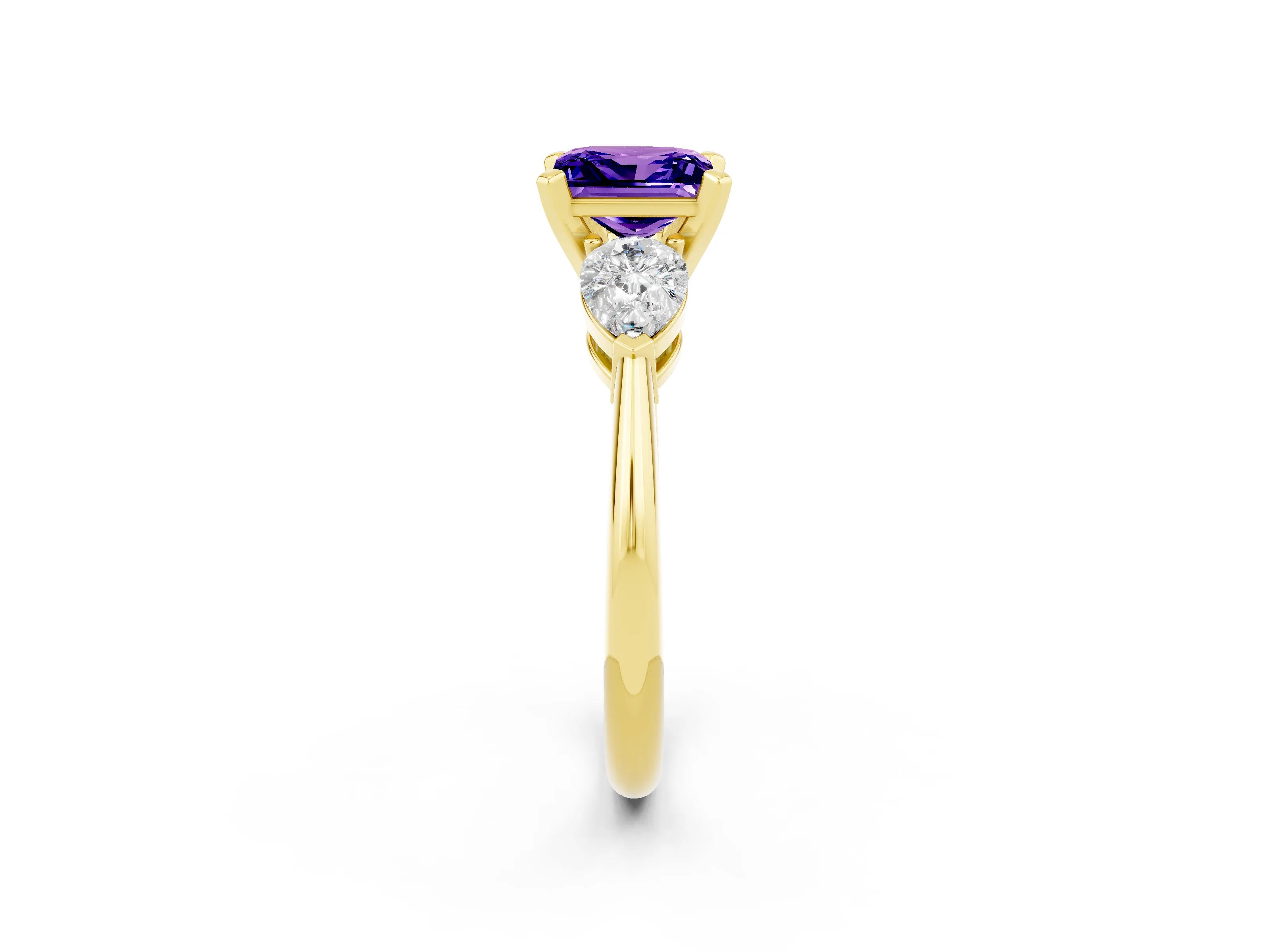 Yellow gold Three-Stone Princess Cut Tanzanite Ring with Pear Side Stones and Four-Prong Setting_2