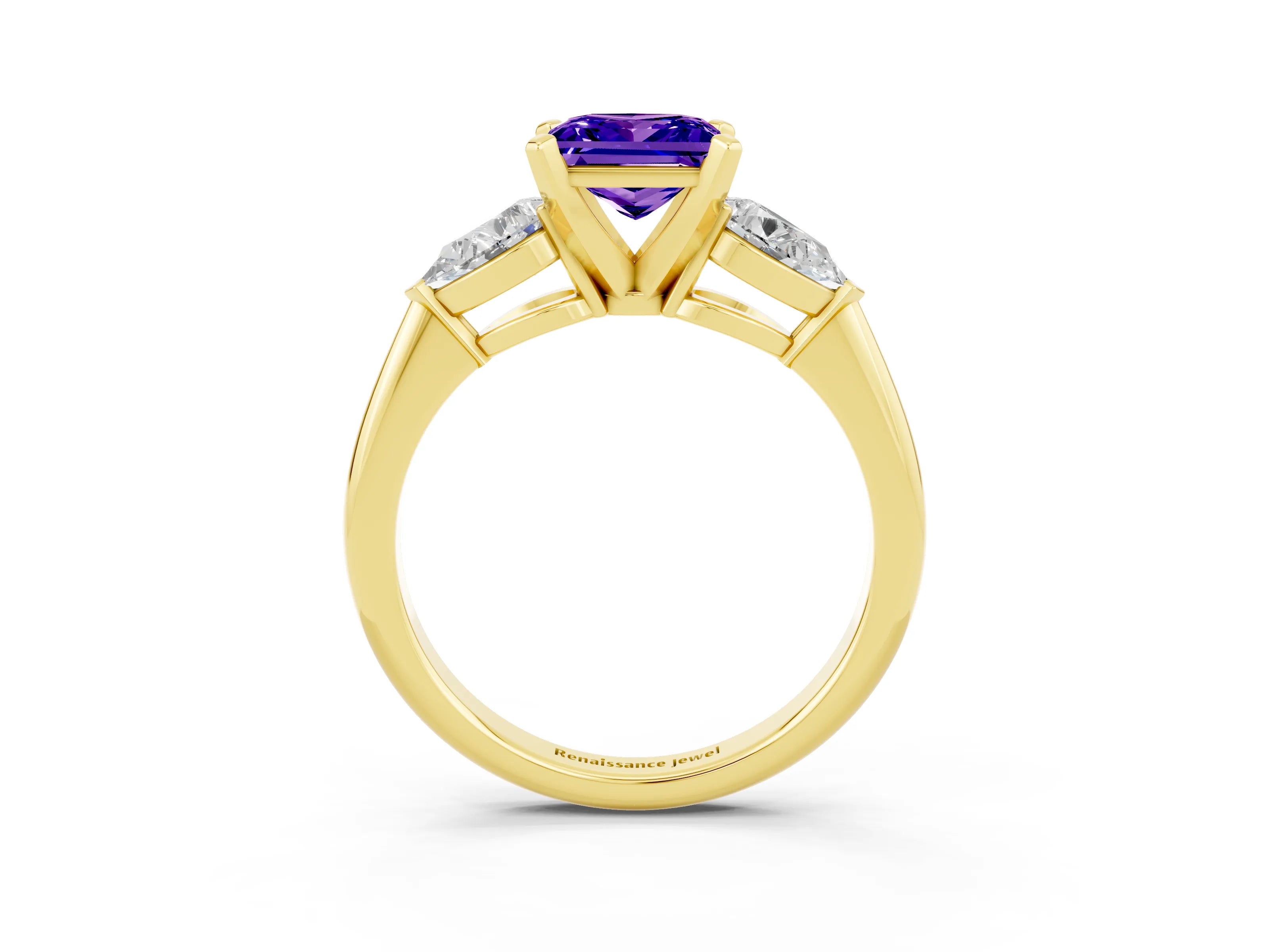 Yellow gold Three-Stone Princess Cut Tanzanite Ring with Pear Side Stones and Four-Prong Setting_3