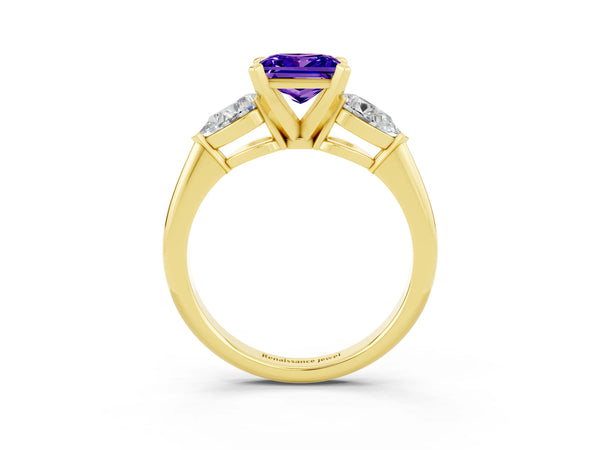 Yellow gold Three-Stone Princess Cut Tanzanite Ring with Pear Side Stones and Four-Prong Setting