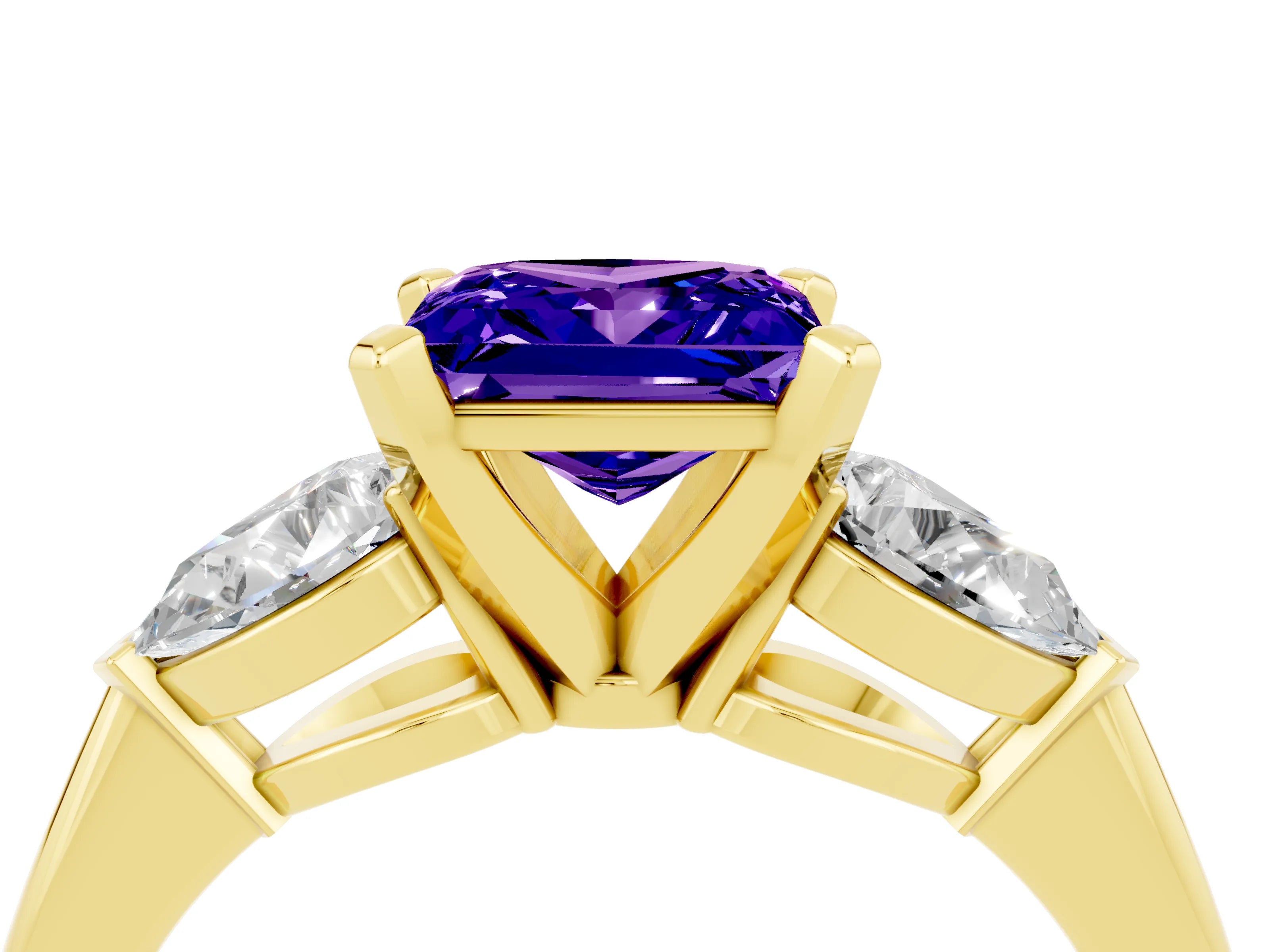 Yellow gold Three-Stone Princess Cut Tanzanite Ring with Pear Side Stones and Four-Prong Setting_4