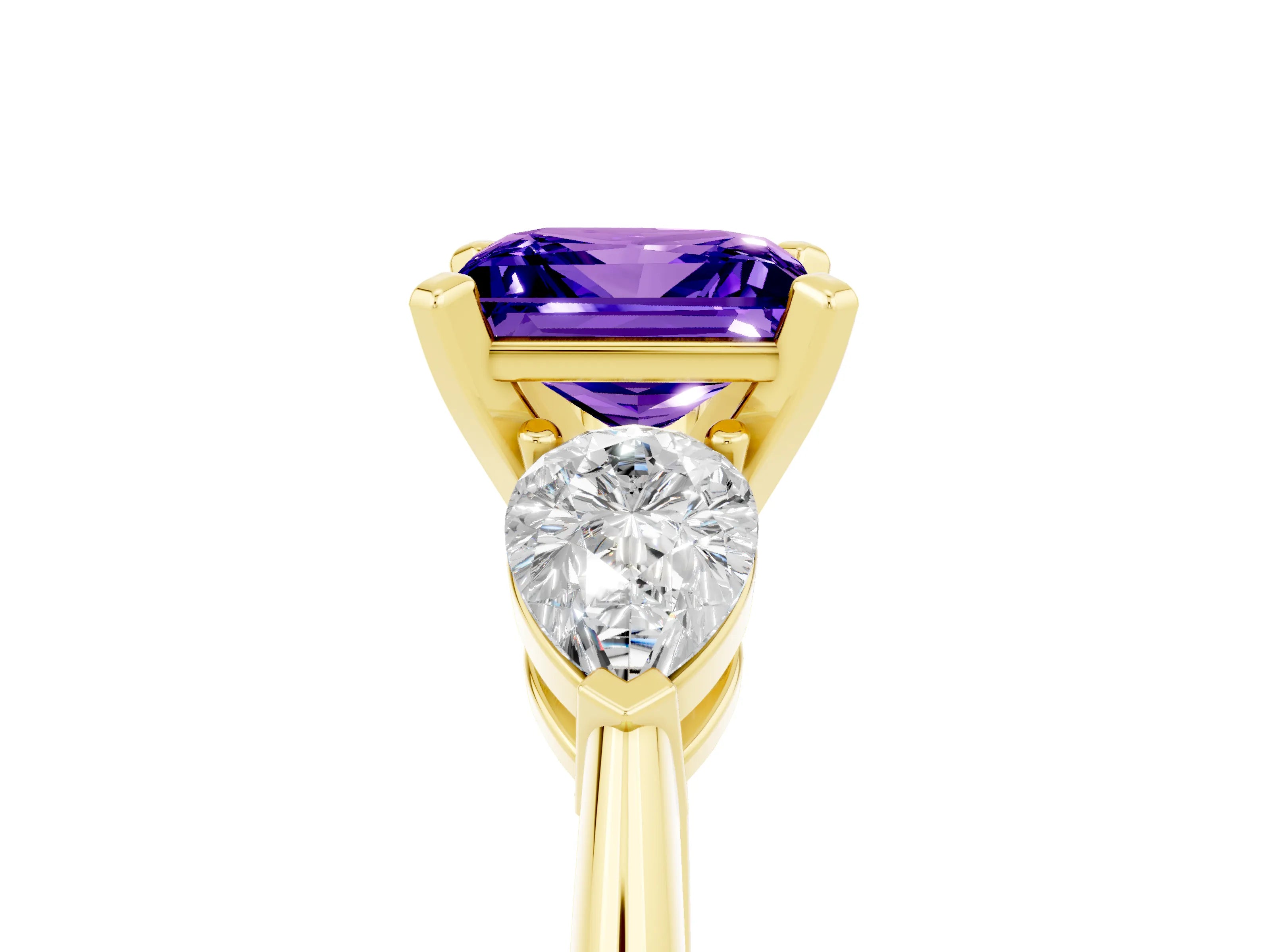 Yellow gold Three-Stone Princess Cut Tanzanite Ring with Pear Side Stones and Four-Prong Setting_5