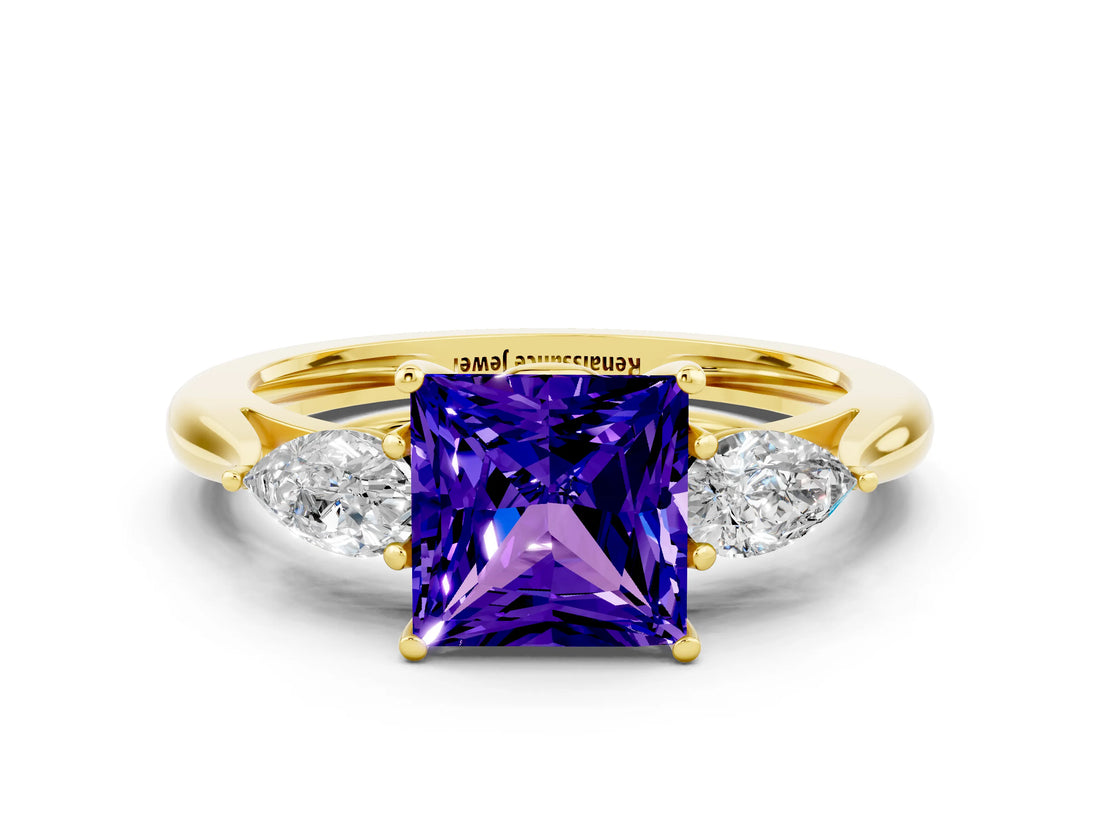 Yellow gold Three-Stone Princess Cut Tanzanite Ring with Pear  Side Stones in Four-Prong Setting_12