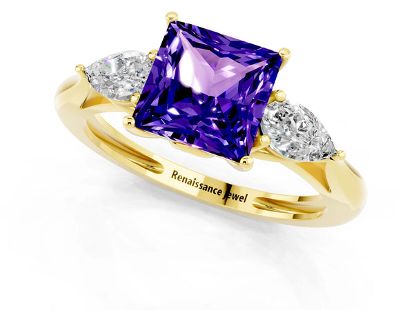 Yellow gold Three-Stone Princess Cut Tanzanite Ring with Pear  Side Stones in Four-Prong Setting