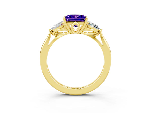 Yellow gold Three-Stone Princess Cut Tanzanite Ring with Pear  Side Stones in Four-Prong Setting